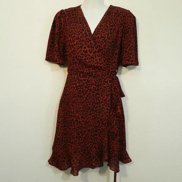 Blue Rain | Dresses | Blue Rain Deep Red And Black Cheetah Print Chiffon  Wrap Dress With Selftie Belt | Poshmark